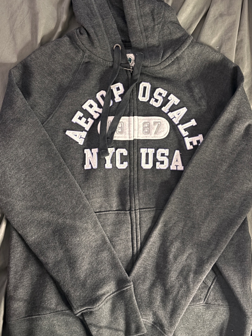 Aeropostale Charcoal Gray Zip-Up Hoodie with Embroidered NYC USA